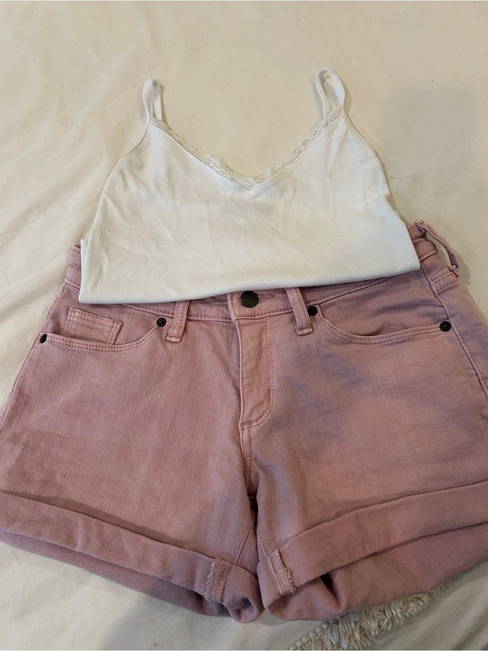 Universal Thread Rose Rolled-Hem Denim Shorts & White Brandy Melville top.